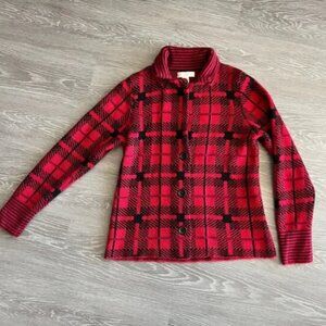 Christopher & Banks Sweater Medium Button Front Short Red Black Plaid
